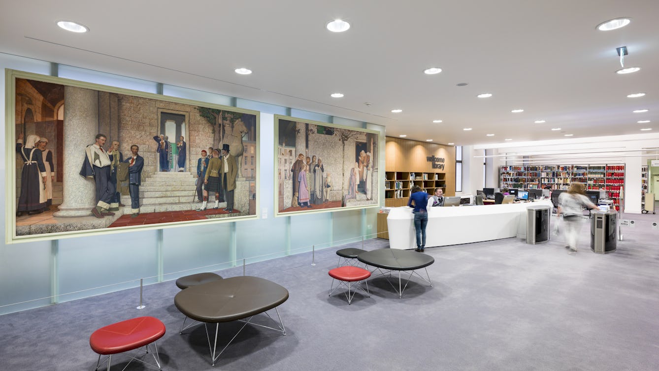 Photograph of the entrance desk of the library at Wellcome Collection