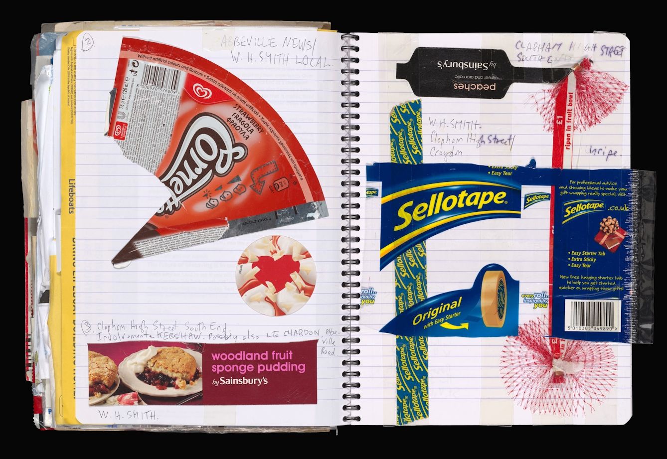 A photograph of a double page spread of a scrapbook with various food packaging and other ephemera pasted within it. There are several handwritten annotations on the pages.