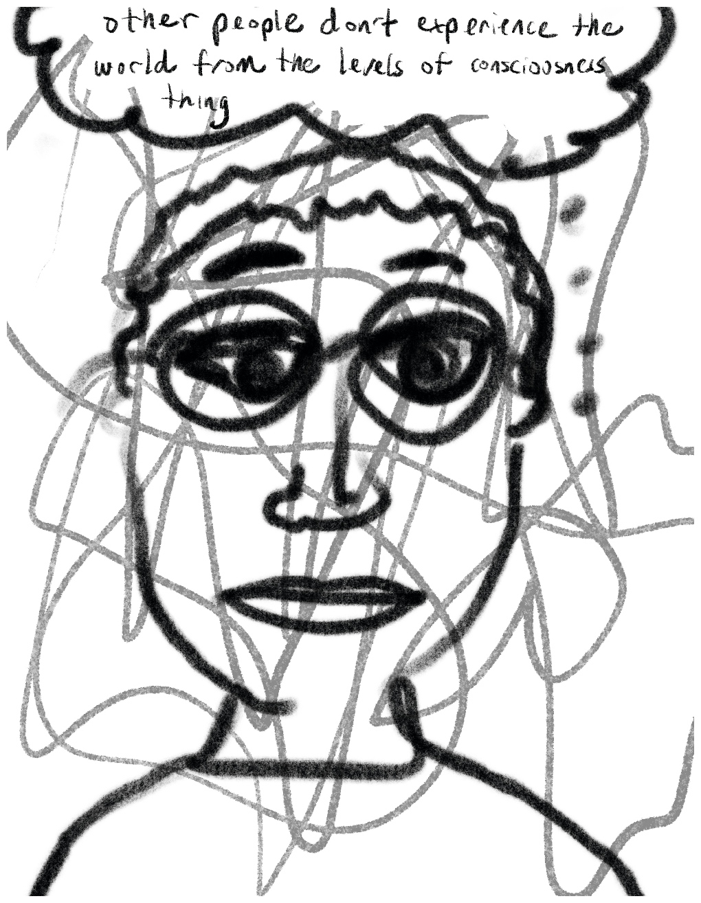 Panel four of a four-panel comic called 'I was hallucinating', consisting of thick black line drawing on a white background. The head and shoulders of a crudely drawn young man with large eyes stares out at the viewer, filling most of the panel. The figure has glasses and short hair. Light grey scribbles are drawn all over the panel, cutting across the figure. A thought bubble above his head says "Other people don't experience the world from the levels of consciousness thing".