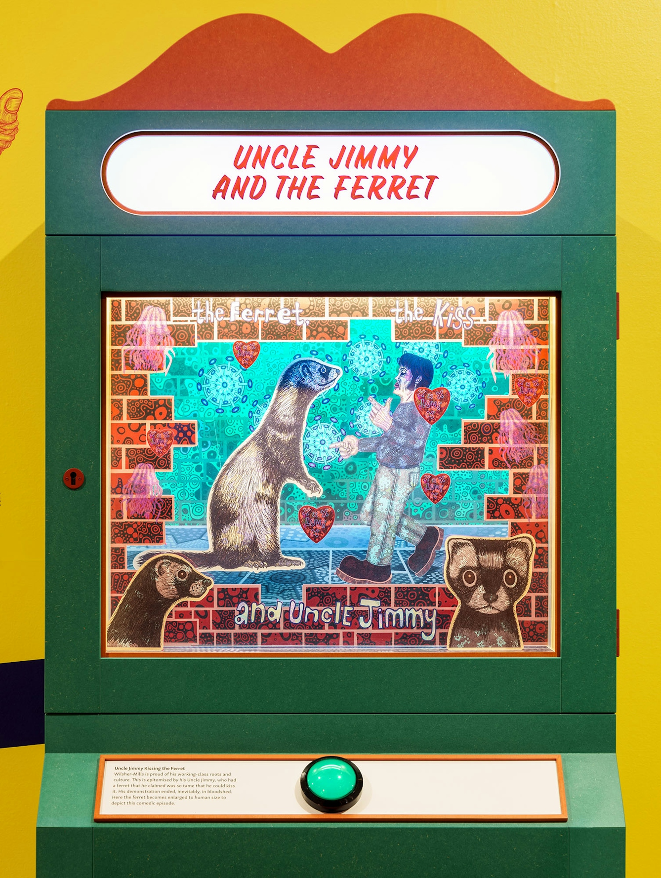 Photograph of a diorama called ‘Uncle Jimmy and the Ferret’. The diorama shows a man talking to a ferret. The ferret is standing on its back legs so that it is the same size as him.