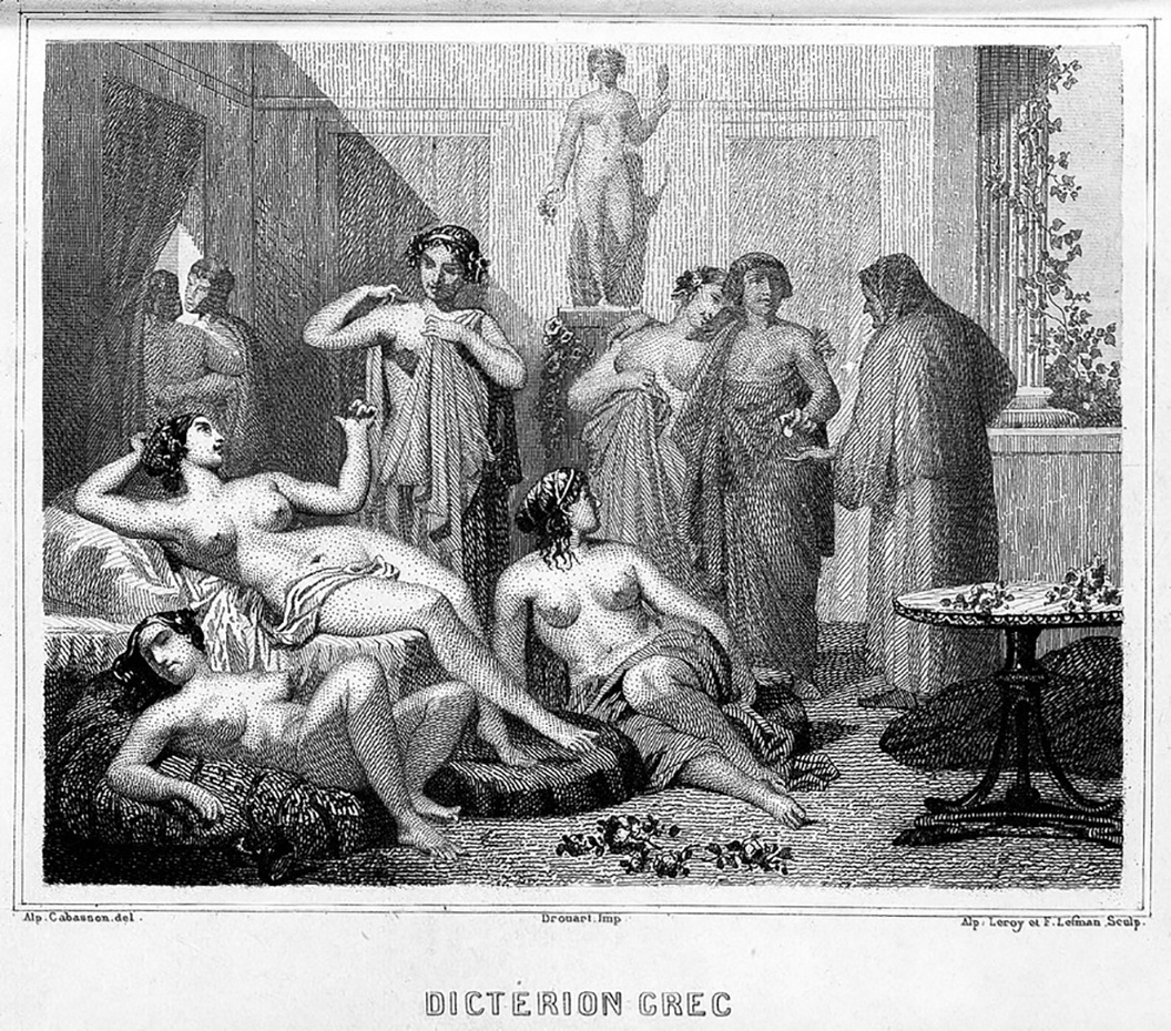 A black and white drawing showing several females in a room half dressed in robes or fully undressed.