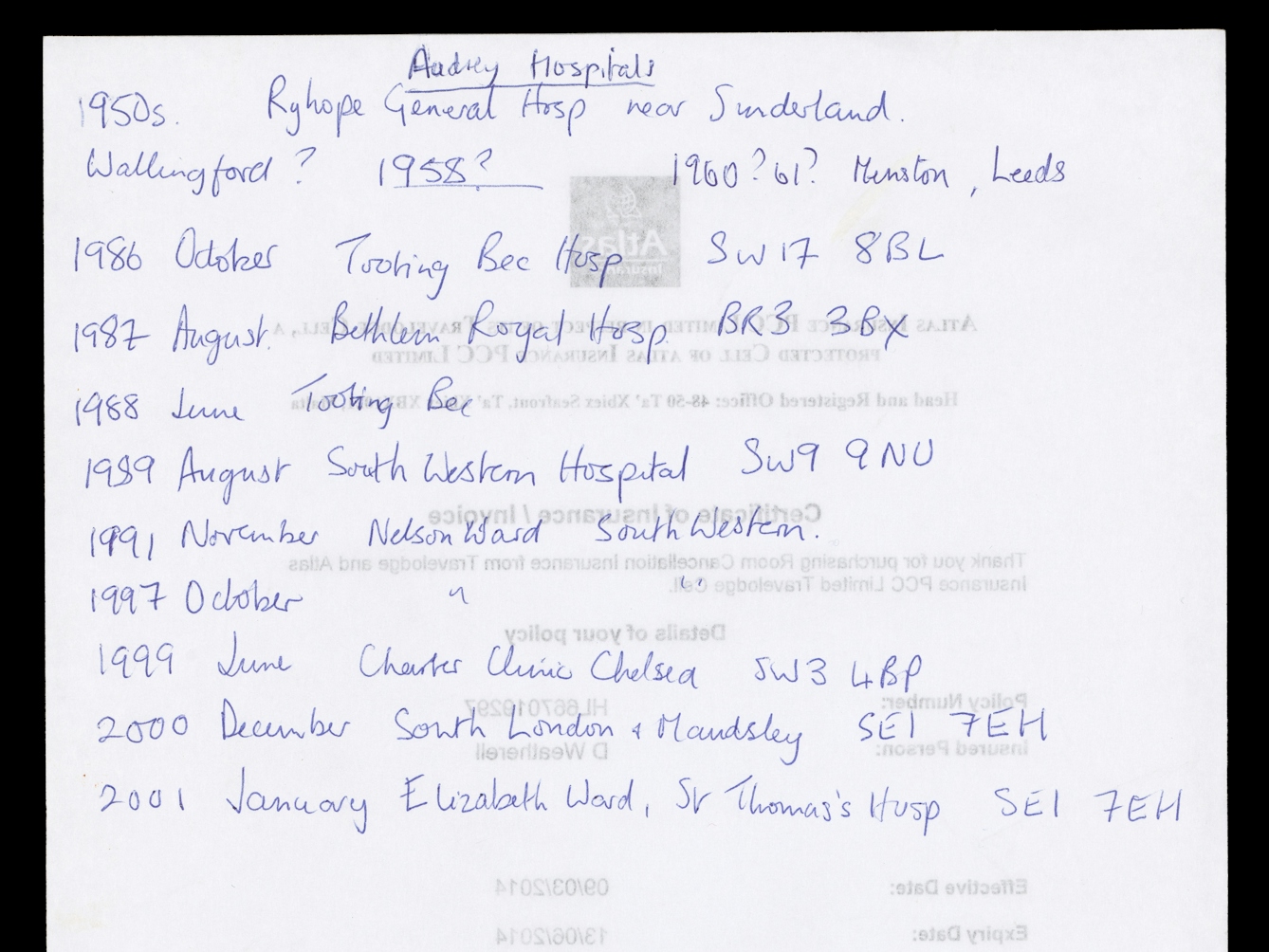 Photograph of the back of an official letter showing a handwritten list of hospitals and dates, along the lines of, "Audrey Hospitals. 1950s Ryhope General Hospital near Sunderland. 1986 October Tooting Bec Hospital SW17 8BL".