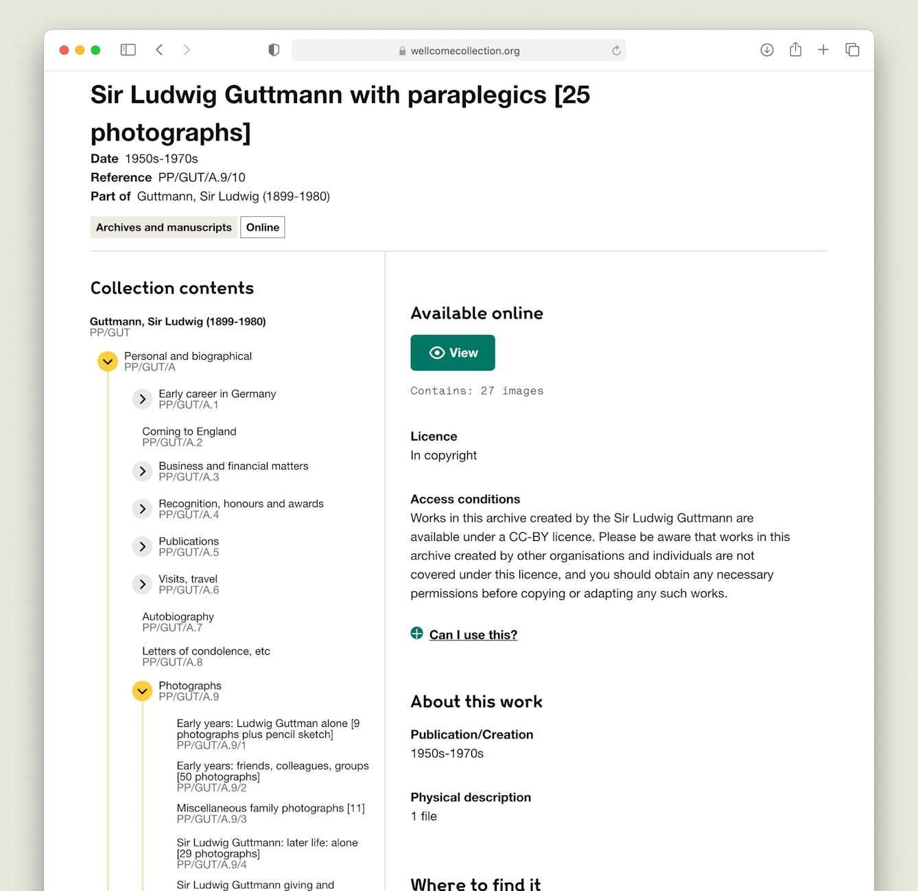 Web browser screen grab showing a page from a library website. The page shows the results of a search for archive material displaying text information associated with the material including the title, date, reference and so on. The main part of the page show a diagrammatical representation of where the item sits within the archive contents.