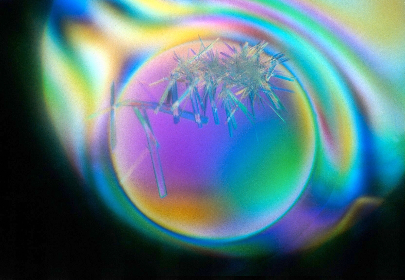 An image generated by a process called X-ray crystallography, the image shows a spiked crystalline formation which appears backlit with multicoloured light.