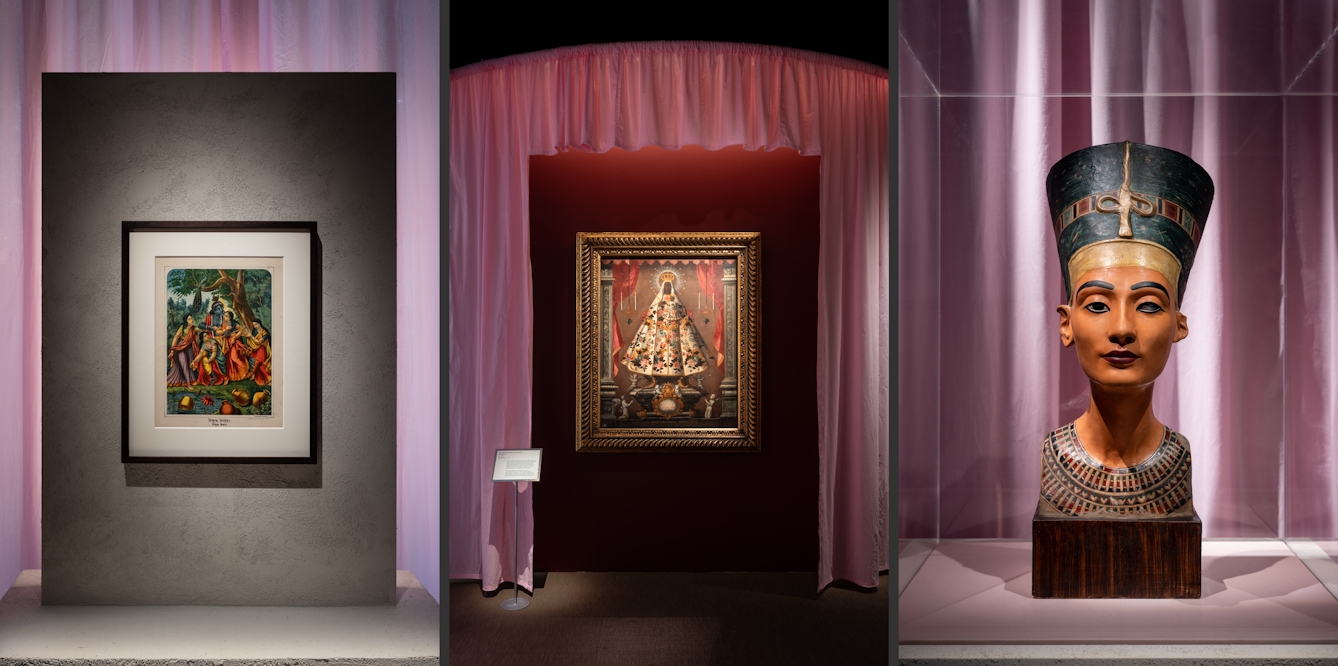 Photographic triptych. The image on the left shows a framed colour artwork. The image in the middle shows large framed oil pinging and the image on the right shows a plaster bust of an Egyptian figure.