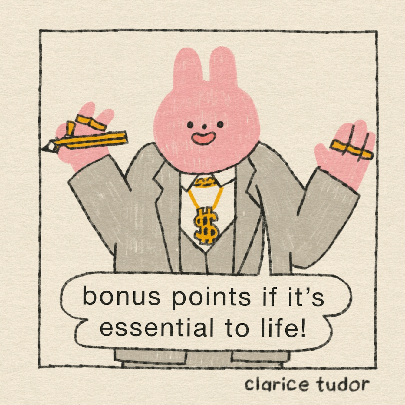 Panel 4 of 4: “Bonus points if it’s essential to life!” he adds, with his hands in the air and a smile on his face.