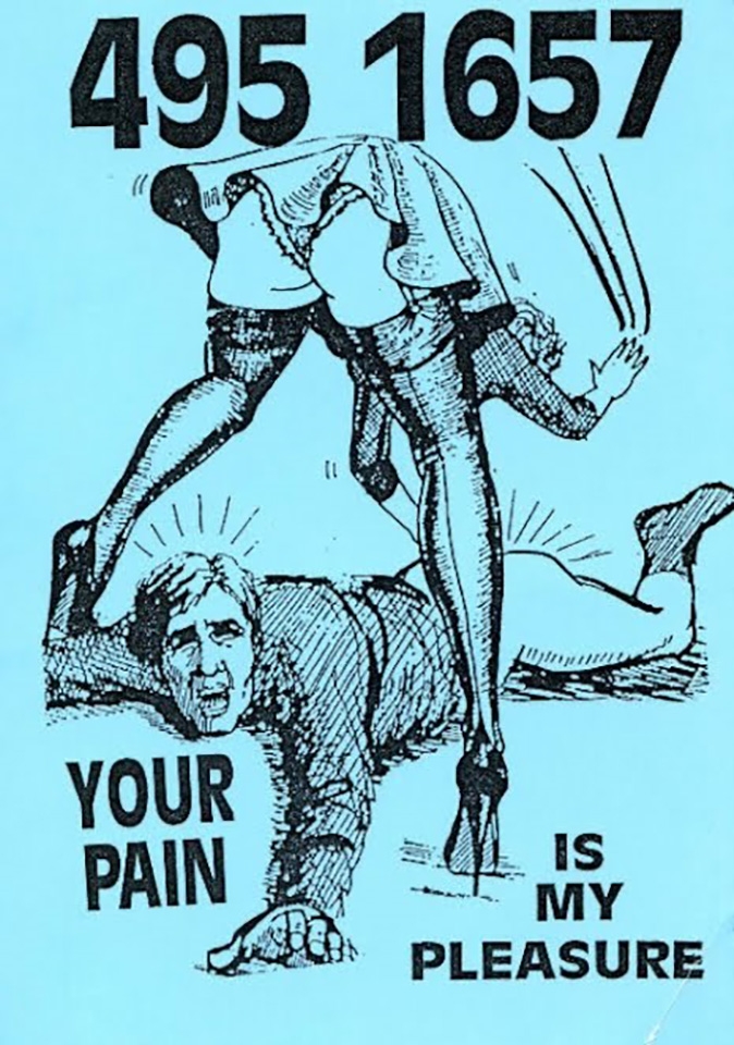 	
Prostitute card showing man lying on floor, naked buttocks, being spanked by woman in short skirt. Printed on a blue card.