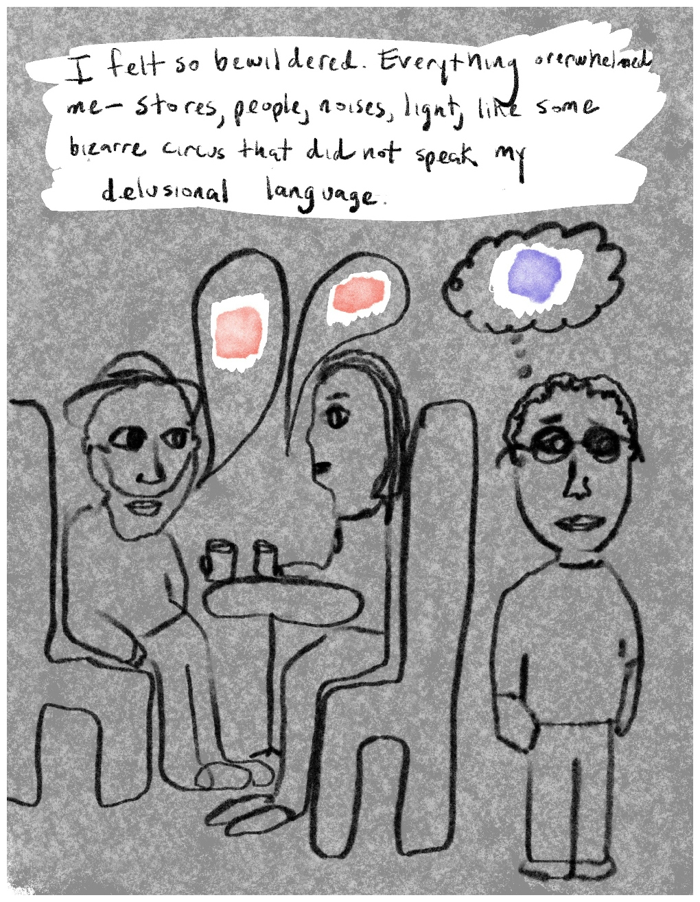 Panel 3 of a six-panel comic called 'Walled in by psychosis', consisting of thick black line drawing on a mottled grey background. A white text area at the top of the panel says "I felt so bewildered. Everything overwhelmed me - stores, people, noises, light, like some bizarre circus that did not speak my delusional language". Below the text, two crudely drawn figures sit in chairs facing each other across a small round table with two coffee mugs on it. Speech bubbles from the seated figures each contain a small pale pink daub of colour. A young male figure with glasses stands alone, to the right of the seated figures, with a sad expression on his face. A thought bubble from him contains a daub of pale purple colour.