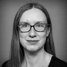 Photographic head and shoulders portrait of Emily Sargent, curator at Wellcome Collection.