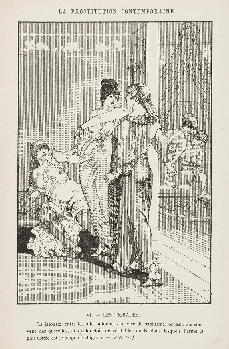 A page showing a black and white drawing of several women. In the foreground, one woman is lying back on a seat, while another woman is holding onto her. She is facing a third woman with an angry expression, who is wearing a long dress with her back to the picture. In the background there are two undressed women watching the scene.