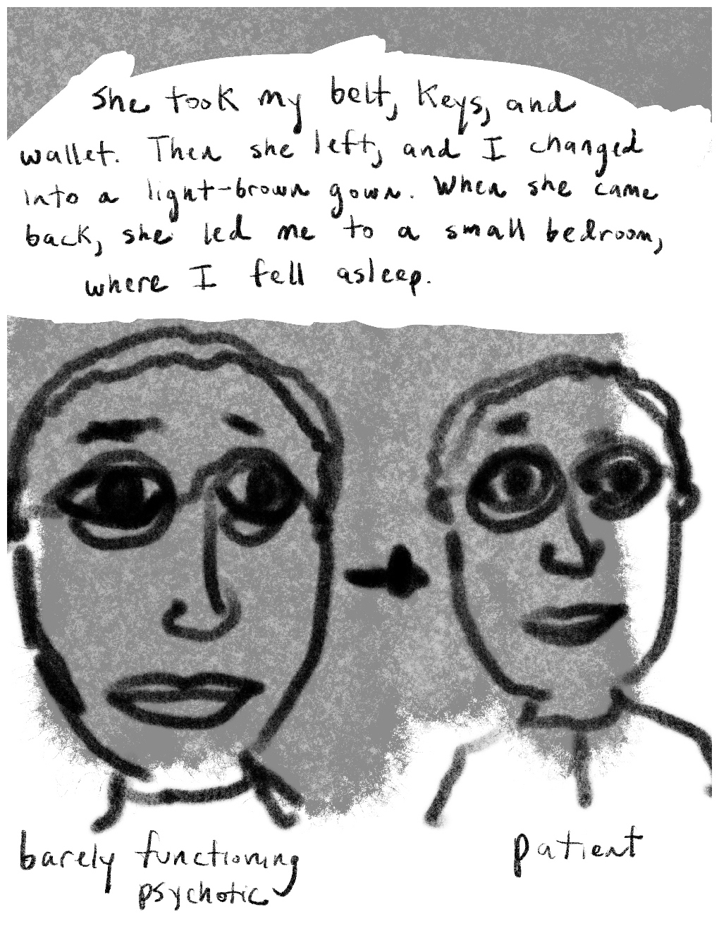 Panel three of a four-panel comic called 'From psychotic to patient', consisting of thick black line drawing and hand written text against a mottled grey and white background. The heads and shoulders of two crudely drawn figures stand side by side, looking out at the viewer. Both have short hair and glasses and neutral expressions. A black arrow points from the left figure to the right figure. Beneath the lefthand figure is written "barely functioning psychotic" and beneath the righthand figure is written "patient". Text above the two figures reads "She took my belt, keys, and wallet. Then she left, and I changed into a light-brown gown. When she came back, she led me to a small bedroom, where I fell aspleep."