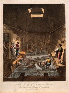 The interior of the thermal baths, Caldas da Rainha, Portugal. Coloured aquatint by H. L'Evêque, 1814.