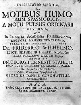 Dissertatio medica, de motibus humorum spasmodicis, a motu pulsus ordinarii diversis ... / [Georg Daniel Coschwitz].