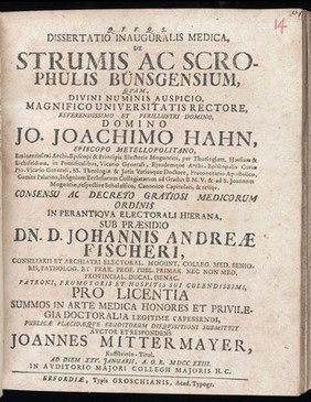 Dissertatio inauguralis medica, de strumis ac scrophulis Bünsgensium ... / [Johann Mittermayer].