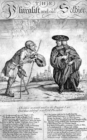A one-legged beggar and former soldier approaches a wealthy clergyman for alms. Etching with engraving by John Collier, 1770.