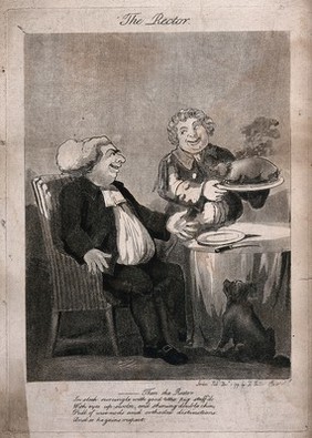 A Church of England rector seated at table as a servant brings a roasted pig on a dish. Aquatint after G.M. Woodward.