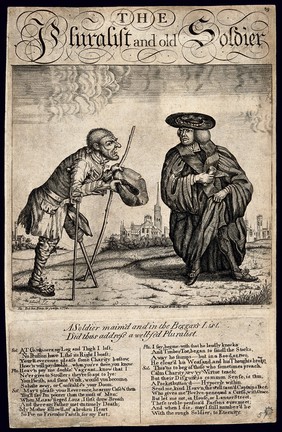 A one-legged beggar and former soldier approaches a wealthy clergyman for alms. Etching with engraving by John Collier, 1770.