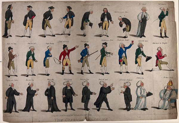 Stages in the career of an Anglican cleric. Coloured etching by F.G. Byron, 1791, after G.M. Woodward.