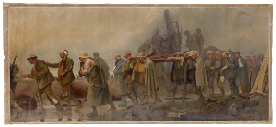 World War I: the Royal Army Medical Corps (RAMC) on active service. Oil painting by H.R. Mackey, ca. 1918.