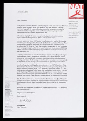 Dear colleague, I am pleased to enclose the latest edition of Impact, which deals with one of the most complex issues currently facing HIV in the UK: HIV nad mobility ... / Derek Bodell, Chief Executive.