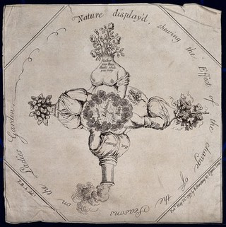 Four female torsos joined at the waist with garden features as heads; symbolising the four seasons in a garden. Etching by T. B., c. 1797.