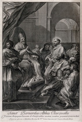 Saint Bernard of Clairvaux reconciles the antipope Anacletus II with Pope Innocent II. Engraving by J. Frey, 1743, after C. Maratta.