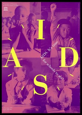 Four school children sitting in class with the words 'A','I','D','S' spelt out in the shape of a clock; an advertisement for World AIDS Day, 1st December 1993 by the UNESCO Programme of Education for the Prevention of AIDS. Colour lithograph D. Roger and A. Jonquieres.