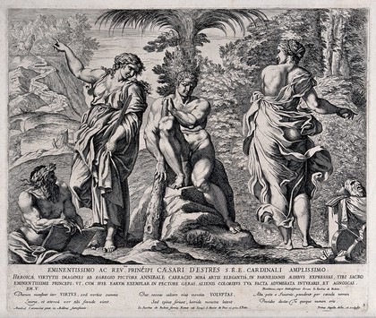 Hercules between Virtue and Vice. Etching by P. Aquila after Annibale Carracci.