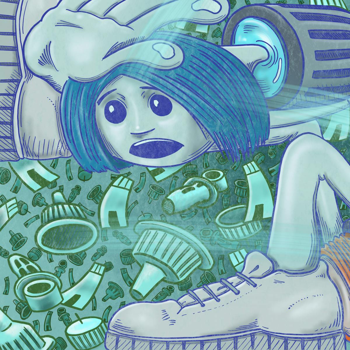 An illustration of a woman. Her body, which is depicted as an insulin pen, is contorted and distorted. In the background are an assortment of disposable parts of insulin pens.