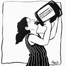 Comic avatar of a person drinking from a large container which has the word 'pesticides' written on the side.