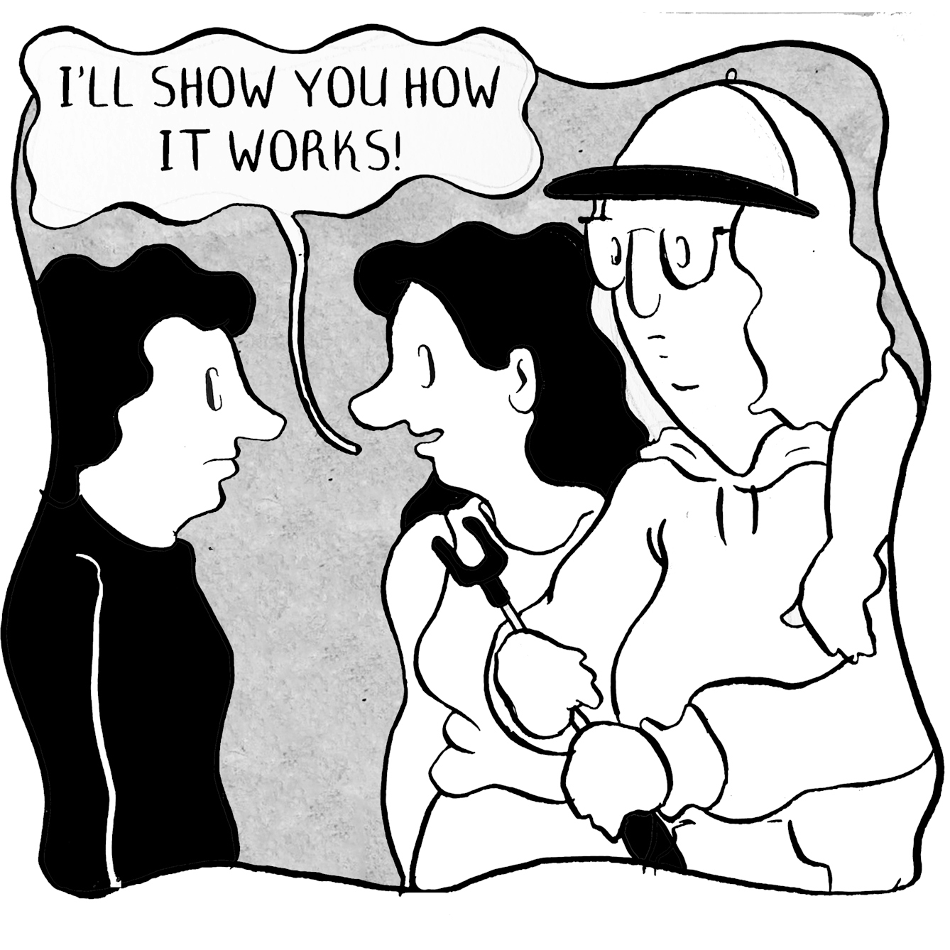 In panel 4 Rod joins the two friends and the person in whites says "I'll show you how it works.
